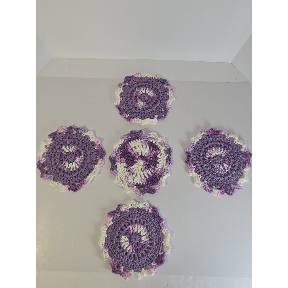 Handmade Crochet Doily Coaster Set of 5 Purple Pink Cream Round 7 Inch Decor